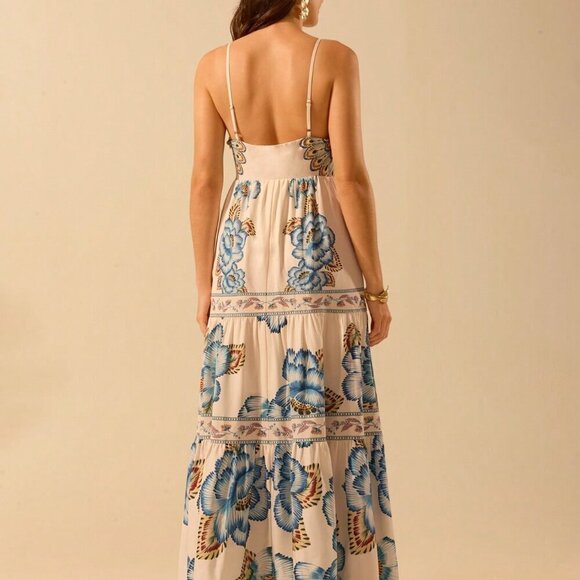 Multicolor Boho Women's Tropical Print V-Neck Long Camisole Dress Beach Dress - Picture 2 of 8